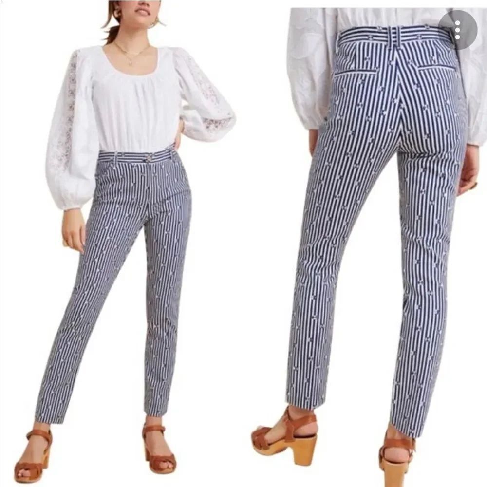 Anthropologie The Essential Slim Blue White Striped Trousers 8
